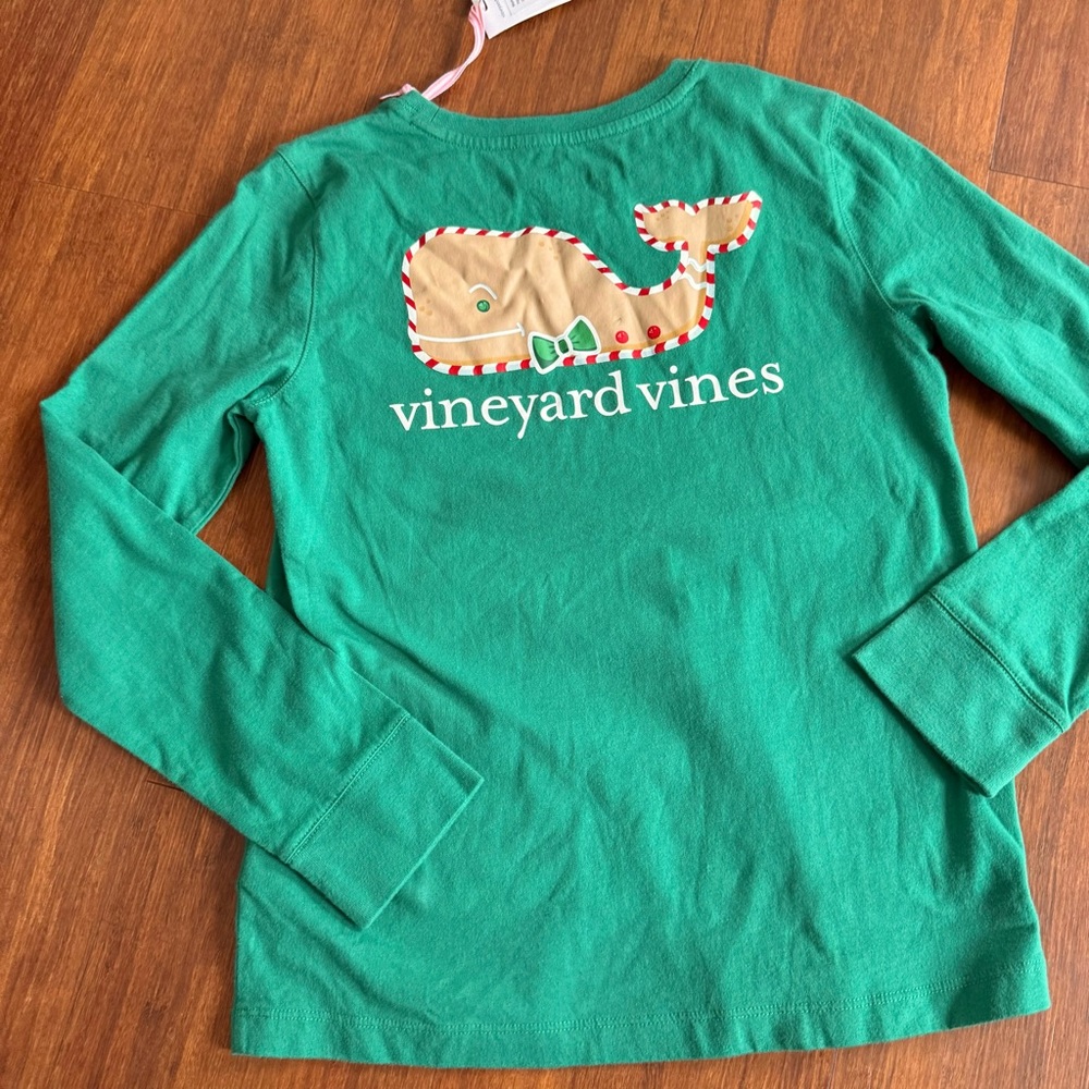 Vineyard Vines Gingerbread Tee Kid Medium 10/12 Pocket Whale Christmas Green LS